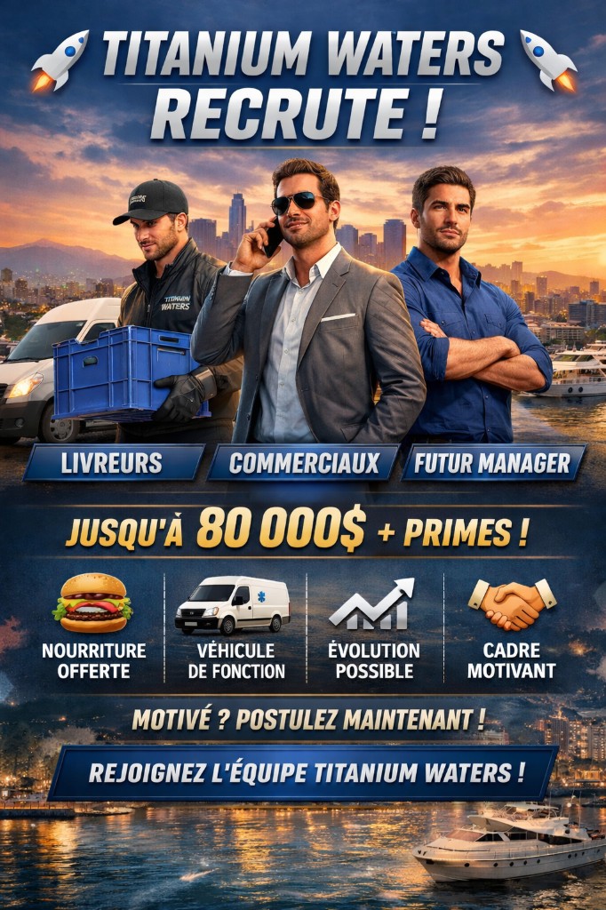 Affiche recrutement Titanium Waters — livreurs, commerciaux, manager